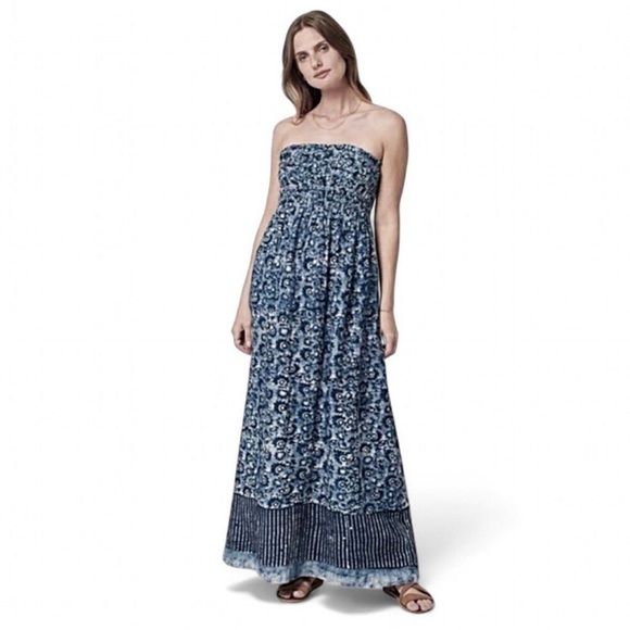 Faherty Indigo Strapless Maxi Dress with Smocked Bodice & Boho Print XS Pockets - Picture 1 of 11